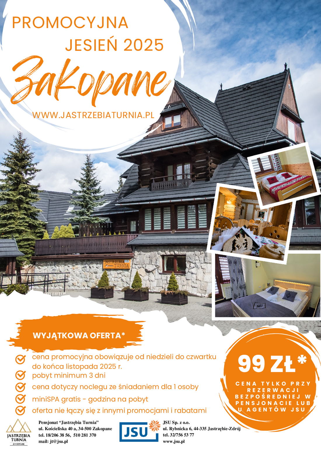 Plakat promujący ofertę za 99 złoty w Pensjonacie Jastrzębia Turnia w Zakopanem
